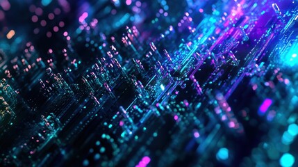 Abstract digital landscape with vibrant colors and glowing particles.