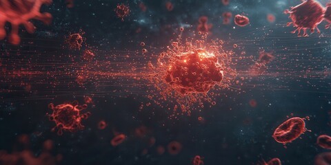 A vibrant visualization of viruses in a digital space, showcasing their intricate structures and movements against a dark backdrop.