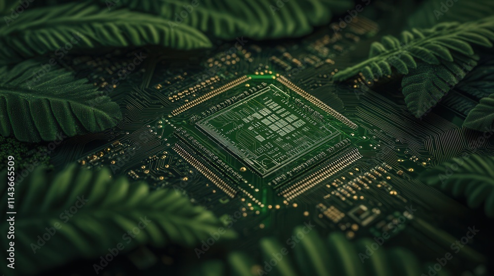 Poster a green circuit board chip is surrounded by lush ferns, blending technology and nature in a visually
