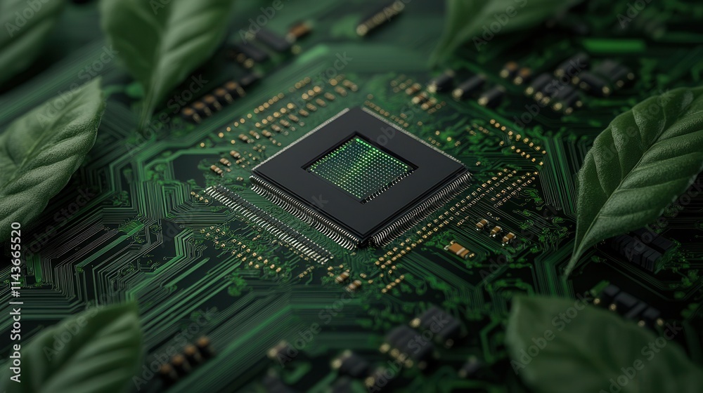 Poster a close-up image of a circuit board surrounded by green leaves, symbolizing the intersection of tech