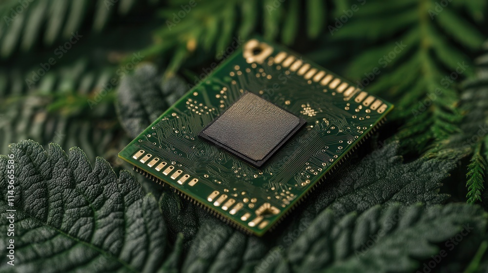 Poster a close-up photo of a microchip resting on green ferns, showcasing the contrast between technology a