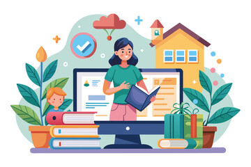 A student engages with online courses at home, surrounded by books and plants while learning Online courses for home education, illustrated in a flat style.
