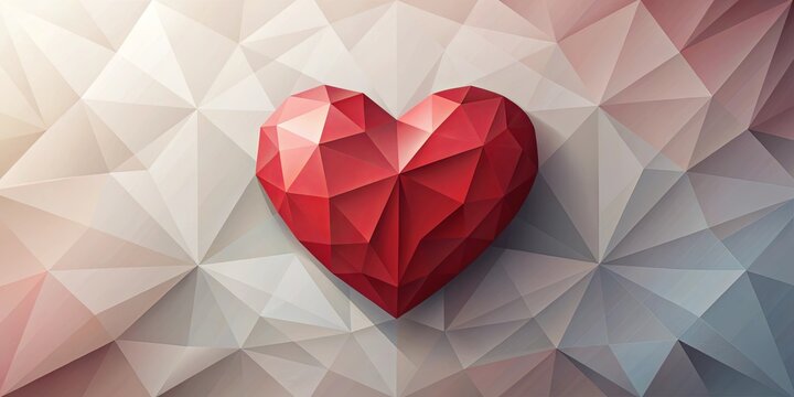 Low-poly red heart on a neutral geometric background - Powered by Adobe