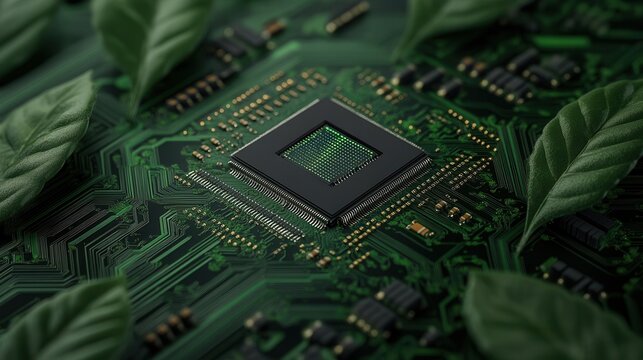 A close-up image of a circuit board surrounded by green leaves, symbolizing the intersection of technology and nature.