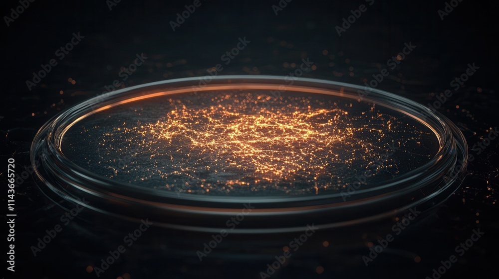 Poster a glowing, abstract pattern on a circular surface, set against a dark background, evoking a sense of