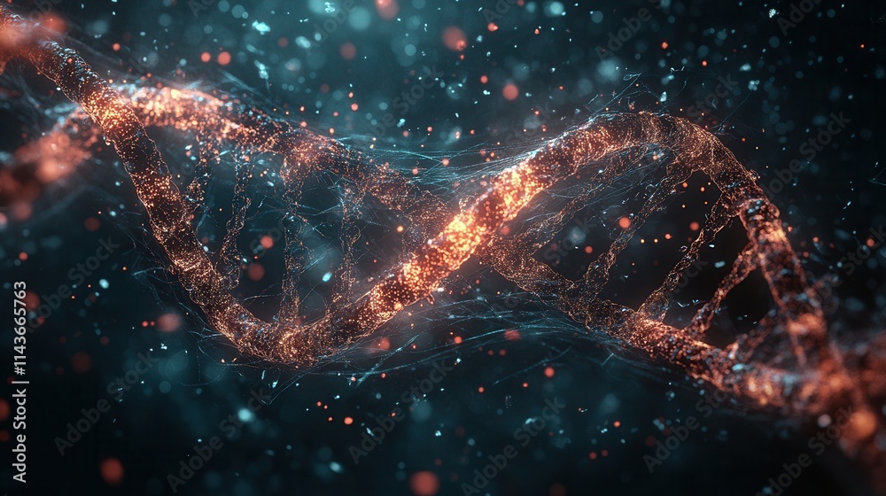 Poster a mesmerizing digital depiction of a dna helix glowing with vibrant particles in a dark background, 