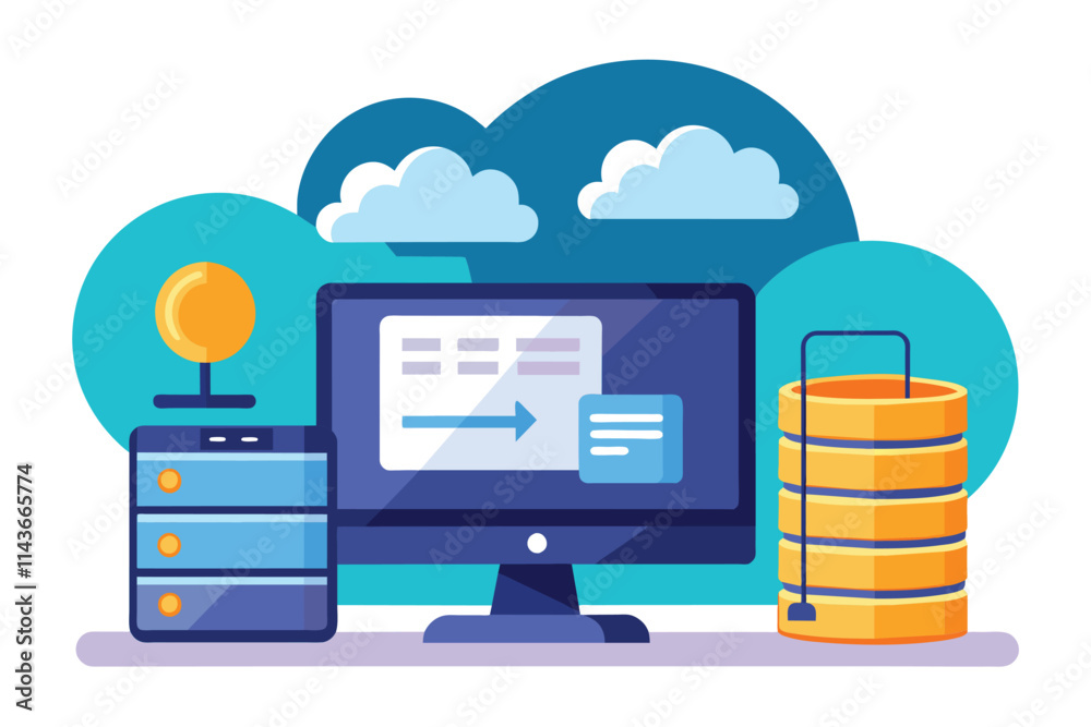 Poster a monitor displays an online database interface alongside cloud storage and data management equipmen
