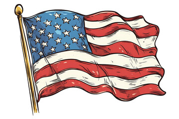 a hand-drawn illustration of the american flag waving on a flagpole the flag is red. white. and blue with 13 stripes and 50 stars