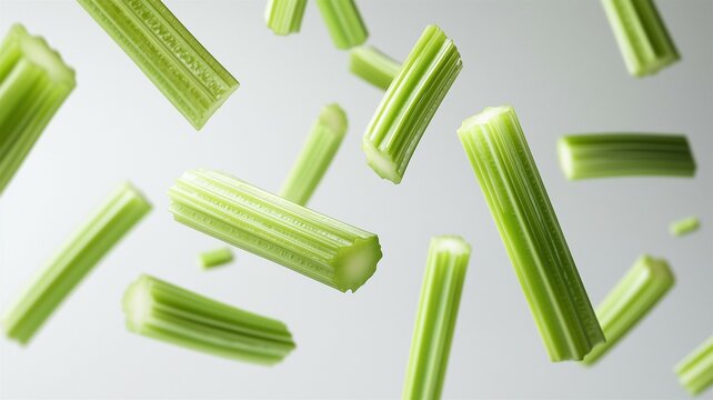fresh green celery sticks floating in mid-air on white isolated background
