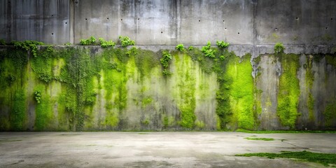 Lush Green Moss Covering a Weathered Concrete Wall with a Smooth Floor in Front