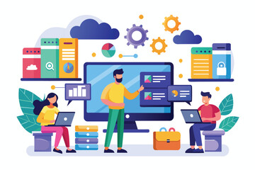 A team collaborates using digital tools to manage large data sets effectively in an office setting Online management of large data using a flat illustration.