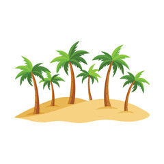 Lush palm trees on sandy dune isolated flat vector illustration on white background.