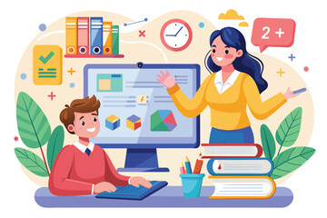 A teacher guides a student through math concepts on a computer in a vibrant and engaging environment Online math tutoring with flat illustrations.