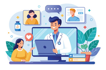 A doctor conducts an online consultation with a patient, showcasing virtual healthcare interaction Online medical consultation service with flat illustration.