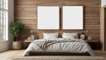 Modern Bedroom with Wooden Walls and Blank Frames