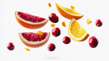 Naklejka premium fresh cranberries and orange slices floating in mid-air on white isolated background 