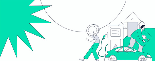 Fototapeta premium Vector Internet operation hand-drawn illustration of people getting discounts for refueling their cars 