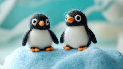 Fototapeta premium Adorable Wool Penguins Sliding on a Felt Iceberg – A Heartwarming C4D Render