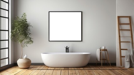 Modern minimalist bathroom interior design with bathtub and plant