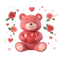 Obraz premium Cute bear holding heart surrounded by roses and hearts, perfect for love