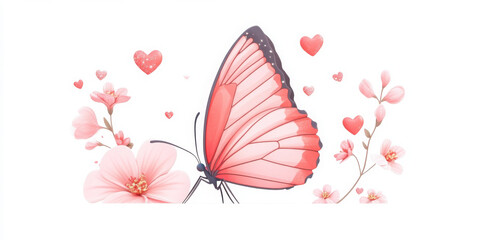 Fototapeta premium beautiful butterfly surrounded by pink flowers and hearts, evoking joy