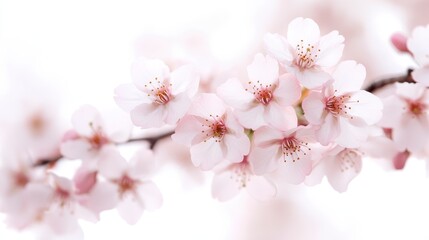 Fototapeta premium A delicate branch adorned with soft pink cherry blossoms against a light background, evoking a serene and tranquil spring atmosphere.