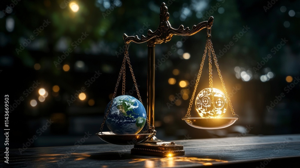 Poster Balancing global futures a glowing scale with earth and light in nature conceptual art serene viewpoint