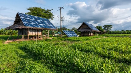 Obraz premium Renewable energy transforming rural life eco-friendly community solar power serene landscape optimistic future