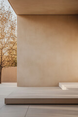 Minimalist architecture with a serene outdoor space and soft natural lighting