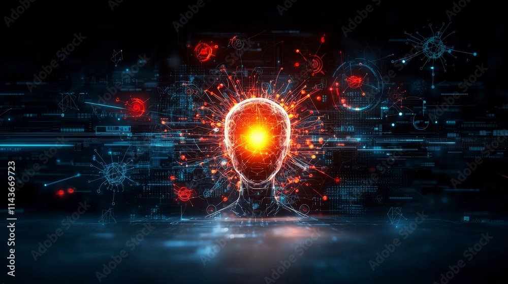Fototapete Digital humanoid ai glowing softly surrounded by data in a virtual environment