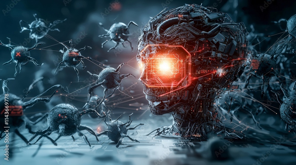 Fototapete Digital humanoid ai surrounded by data spiders in a futuristic setting 3d rendered technology environment