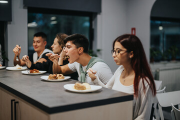 A group of high school students are seen having lunch together in a casual cafeteria setting, showcasing social interaction and meal time enjoyment.