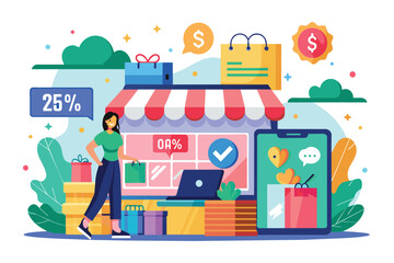 Discover great savings with large discounts at our online store, perfect for savvy shoppers this season Online store promotion with big discounts and a flat illustration for sale.