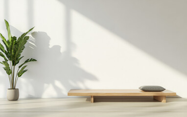 Obraz premium Minimalist indoor space with wooden platform and potted plant in natural light