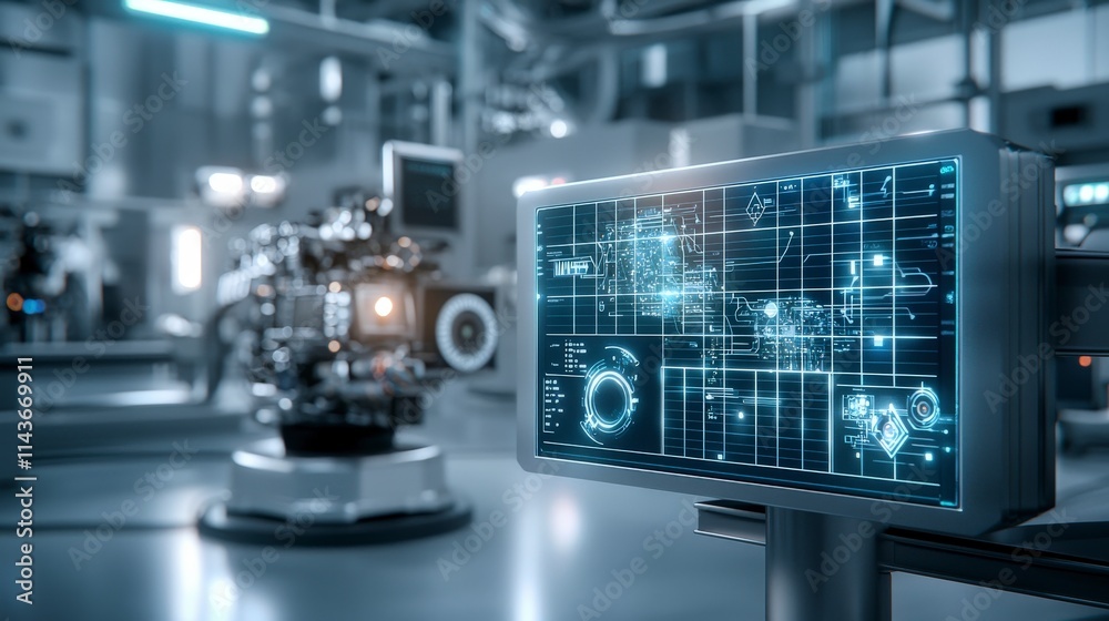 Poster Futuristic control room interface displaying grid of data advanced technology lab digital visuals high-tech environment