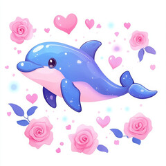 Fototapeta premium Cute dolphin swimming among pink hearts and roses, radiating joy
