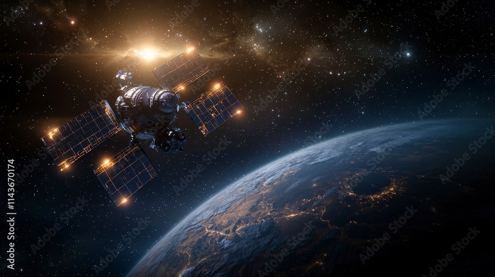 Poster futuristic spacecraft hovering near distant planet outer space science fiction cosmic environment ae