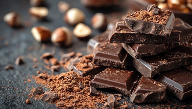 Broken dark chocolate chunks with scattered cocoa powder on a dark surface, pieces of chocolate and crushed nuts, luxurious chocolate texture, AIgenerated decadent treat scene