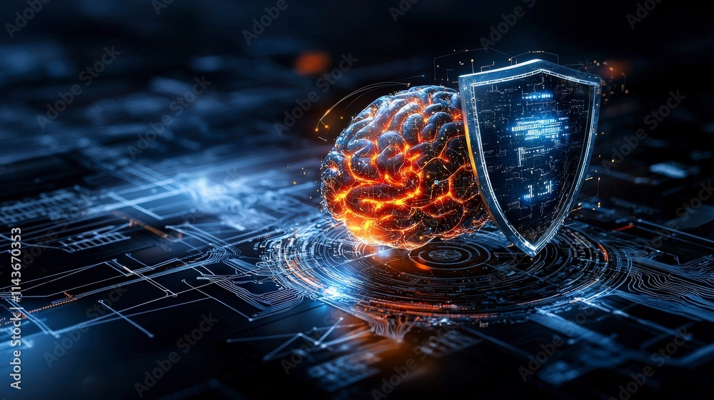 Poster Digital brain and shield symbolizing cybersecurity futuristic environment visual art high-tech concept