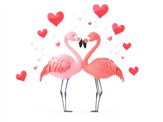 Fototapeta premium Flamingo couple surrounded by hearts, symbolizing love and affection