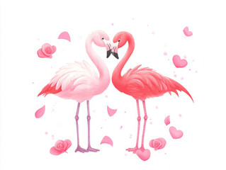 Obraz premium Flamingo couple surrounded by hearts and roses, expressing love and affection