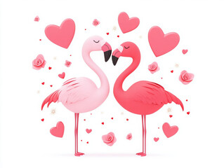 Obraz premium Flamingo couple surrounded by hearts and roses, expressing love and joy