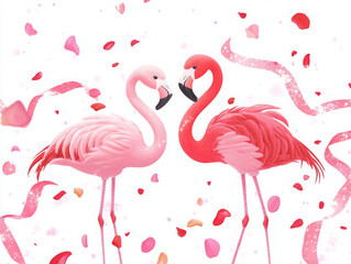 Naklejka premium Flamingo couple surrounded by petals and ribbons, celebrating love and joy