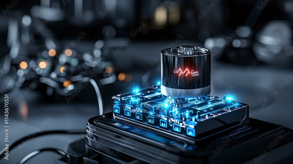 Aufkleber Innovative ev battery display showcasing charge levels high-tech lab digital art illuminated environment close-up perspective