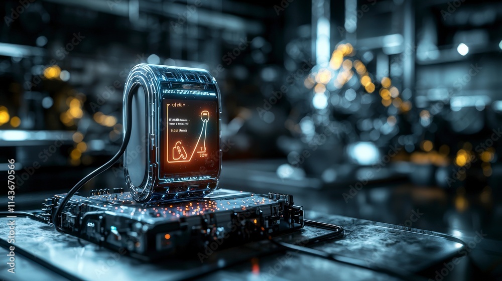 Poster Electric vehicle battery display innovative charge level tech lab interface in an industrial close-up setting