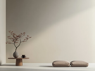 Modern interior with minimalist furniture and natural elements in a serene setting