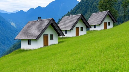 Tranquil landscape featuring three quaint houses on a lush green hillside, surrounded by majestic mountains under a clear blue sky.