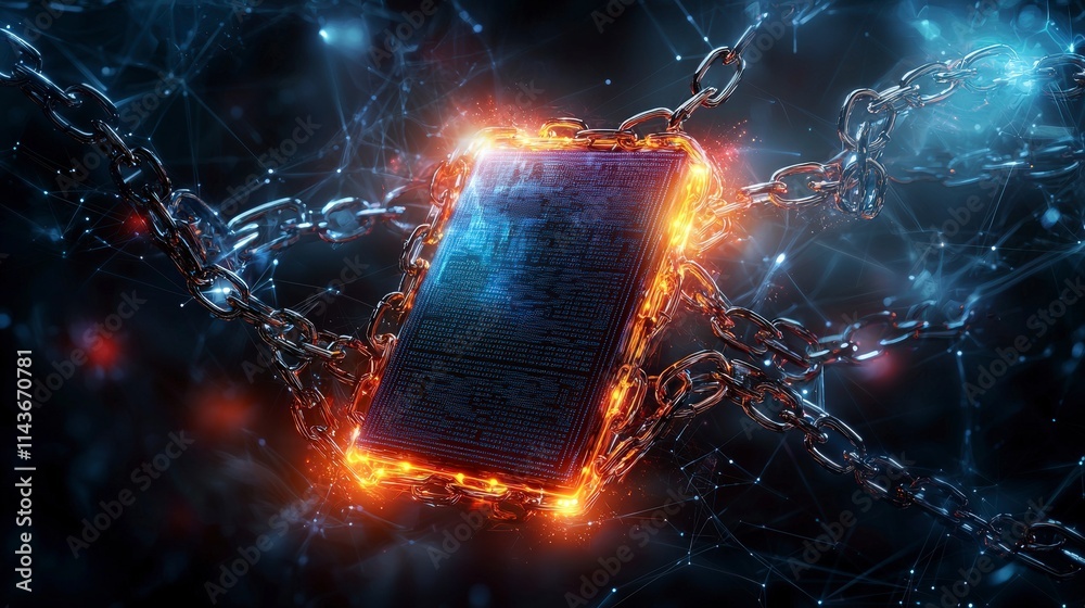 Poster Illuminated ledger icon encased in digital chains virtual environment graphic design futuristic viewpoint