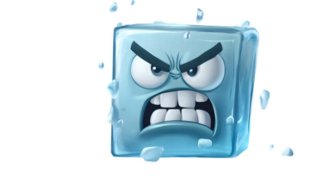 Illustration of an angry ice cube with a funny expression, isolated on transparent