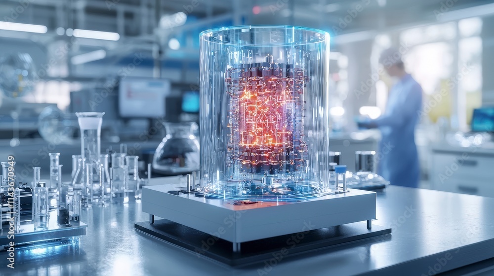 Poster Demonstrating quantum computing high-tech lab's controlled environment showcases future scientific innovations